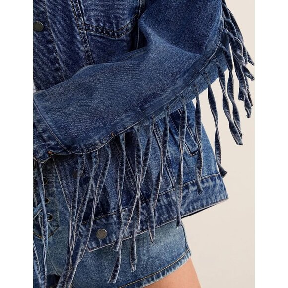 Women's Oversized Fringed Jacket Tassel Jean Jackets Cowgirl Western Denim Blue - Picture 9 of 9